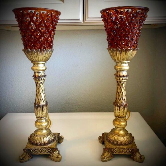 NWT ALEXANDRA'S ACCENTS Pair of Hollywood Regency Torchiere Lamps Beaded Shades - Picture 3 of 4